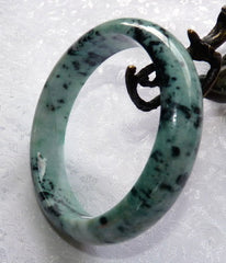 "Yang" Peppery Black Veins on Green Burmese Jadeite Bangle Bracelet 63mm + Certificate (4982)