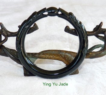 "Two Dragons Hold Pearl" Deep Green-Black Chinese Jade Carved Bangle Bracelet 53mm 56mm 58mm 60mm 61mm (DC-DD)