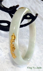 Vintage Old Mine Lao Pit White Jadeite Jade with 24K Gold Lotus Inset Bangle Bracelet 58mm (BB2222)