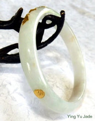 Vintage Old Mine Lao Pit White Jadeite Jade with 24K Gold Lotus Inset Bangle Bracelet 58mm (BB2222)