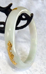Vintage Old Mine Lao Pit White Jadeite Jade with 24K Gold Lotus Inset Bangle Bracelet 58mm (BB2222)