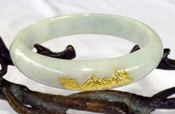 Vintage Old Mine Lao Pit White Jadeite Jade with 24K Gold Lotus Inset Bangle Bracelet 58mm (BB2222)