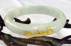 Vintage Old Mine Lao Pit White Jadeite Jade with 24K Gold Lotus Inset Bangle Bracelet 58mm (BB2222)