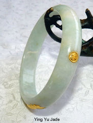 Precious 22K Gold Inset White with Green Hues Jadeite Jade Bangle Bracelet 59.5mm (BB2225)