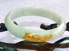 Precious 22K Gold Inset White with Green Hues Jadeite Jade Bangle Bracelet 59.5mm (BB2225)