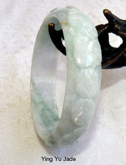 Phoenix, Lotus, Lucky Coin Carved "Lao Pit" Burmese Jadeite Bangle Bracelet 57.5mm (BB2922)