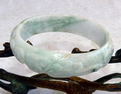 Phoenix, Lotus, Lucky Coin Carved "Lao Pit" Burmese Jadeite Bangle Bracelet 57.5mm (BB2922)