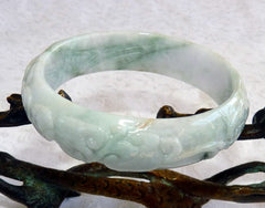 Phoenix, Lotus, Lucky Coin Carved "Lao Pit" Burmese Jadeite Bangle Bracelet 57.5mm (BB2922)