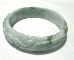 Phoenix, Lotus, Lucky Coin Carved "Lao Pit" Burmese Jadeite Bangle Bracelet 57.5mm (BB2922)