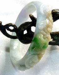 "Bat Cherishes Fruit and Flowers" Burmese Jadeite Vintage Bangle Bracelet 55 mm (BB2975)