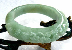 "Two Dragons Protect Coins, Flowers" Burmese Jadeite "Old Mine" Bangle Bracelet 55 mm (BB2977)