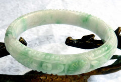 "Fabulous Flowers" Burmese Jadeite "Old Mine" Bangle Bracelet 60.5 mm (BB2981)