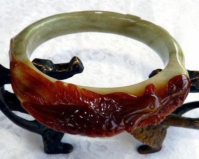 Sale: -"Fabulous Phoenix" Carved Burmese Jadeite Bangle Bracelet 55 mm (BB2982)