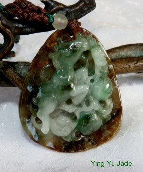 Deer Bat and Peach Vintage Jadeite Carving Pendant (BJP-891)
