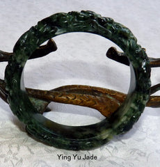 Birds, Flowers, Lotus Dynasty Style Deep Green Almost Black Carved Jade Bangle Bracelet 58.5mm (DC-103)