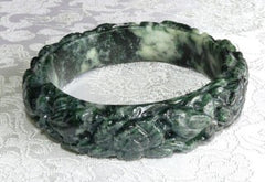 Dynasty Collection-"Starlings and Peonies Wealth and Status" Deep Green Carved Jade Bangle 58.5mm (DC111)
