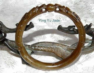 Dynasty -"2 Dragons Play Pearl" Honey Brown Chinese Jade Bangle 64mm (DC51)