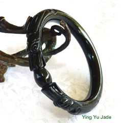 "Two Dragons Hold Pearl" Deep Green-Black Chinese Jade Carved Bangle Bracelet 53mm 56mm 58mm 60mm 61mm  (DC-DD)