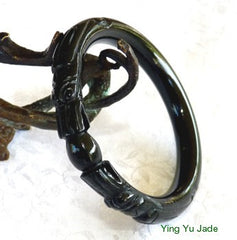 "Two Dragons Hold Pearl" Deep Green-Black Chinese Jade Carved Bangle Bracelet 53mm 56mm 58mm 60mm 61mm (DC-DD)