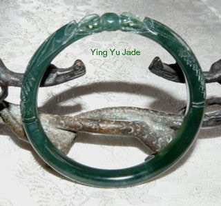 Dynasty Collection-"Two Dragons Play Pearl" Deep Green Carved Jade Bangle 64mm (DCDDS)