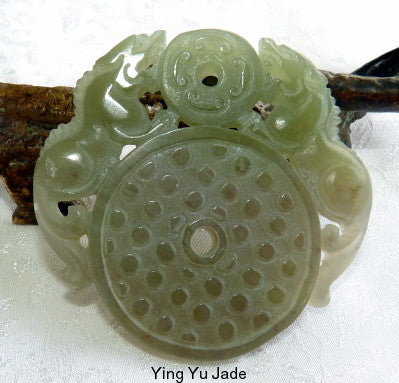 "Lions Protect" Chinese Jade Large Pendant (P638)