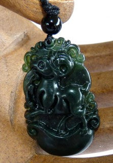 "Black" Deep Deep Green Auspicious Sheep Goat Ram Jadeite Pendant (BJP-18)