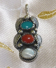 Vintage Southwest Native American Sterling Silver Turquoise Coral MOP Pendant (BOX-P-8)