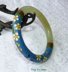 Vintage Pre-Owned Chinese Jade and Blue Cloisonne with Flowers Bangle Bracelet 65mm (TI-1307)