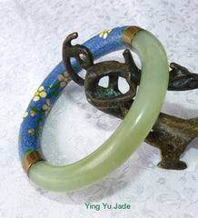 Vintage Pre-Owned Chinese Jade and Blue Cloisonne with Flowers Bangle Bracelet 65mm (TI-1307)