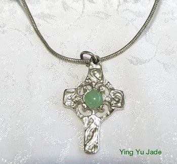 Estate Pre-Owned Jade Cabochon Celtic Silver Cross and Chain (TI-CELT)