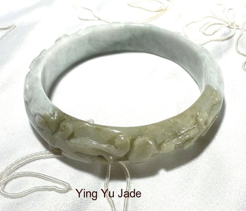 New Listing-Chinese Fish "Symbol of Wealth" Burmese Jadeite Carved Bangle Bracelet 57 mm (BB3017)