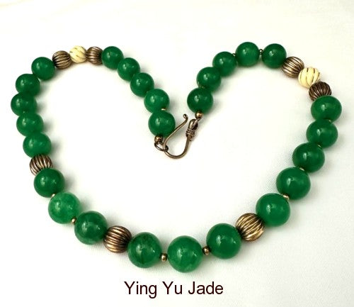 Vintage Green Jade Beads and Copper Beads Necklace  (NECK-70)