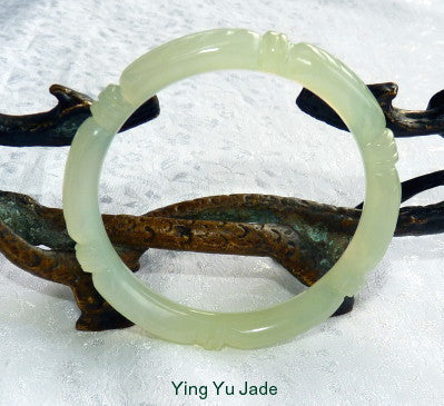 Sale-"Bamboo Knot" Carved Translucent Chinese Jade Bangle Bracelet 53 mm (NJCARV-19-53)