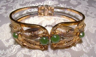 Vintage Jade Cabachon and Gold over Sterling Hinged Bracelet