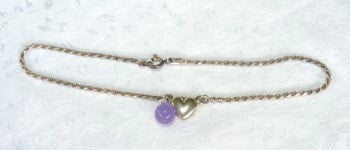 Vintage Pre Owned Sterling Silver Silver Heart Anklet with Lavender Jade Dangle Bead (TI-Anklet)