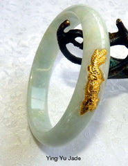 Precious 22K Gold Inset White with Green Hues  Jadeite Jade Bangle Bracelet 59.5mm (BB2225)