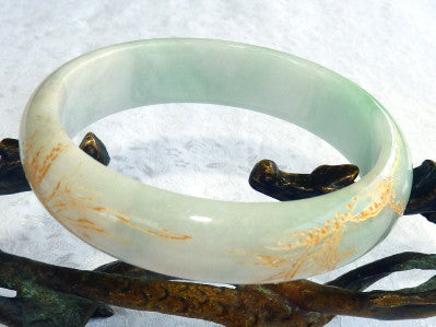 Strength and Resilience"  Gold Etched Bamboo  "Old Mine" Burmese Jadeite Bangle Bracelet 58.5 mm + Certificate (BB2968)