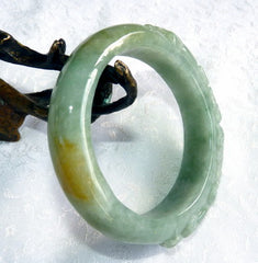 "Two Dragons Protect Coins, Flowers" Burmese Jadeite "Old Mine" Bangle Bracelet 55 mm (BB2977)