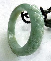 "Two Dragons Protect Coins, Flowers" Burmese Jadeite "Old Mine" Bangle Bracelet 55 mm (BB2977)