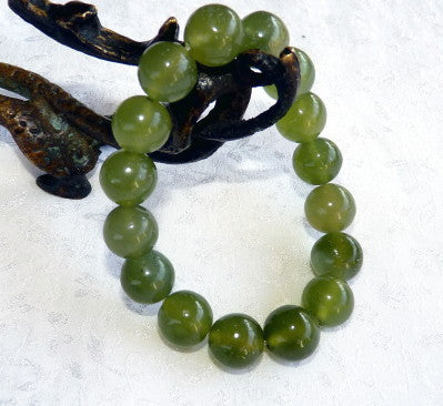Classic Chinese Jade Bead Stretch Bracelet-Dark Green 12 mm Beads