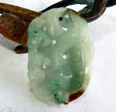 "Monkey Protects Peach, Luck and Fortune" Burmese Jadeite Pendant (BJP906)