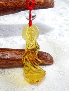 Peace and Compassion" Chinese Crystal Guan Yin on Lotus Pendant with Silk String    (CP7-2)