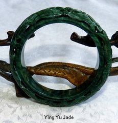 Dynasty Collection-"Happiness and Good Things in Life" Deep Green Carved Chinese Jade Bangle 56mm (DC116)