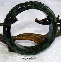 "Happiness and Satisfaction in Life" Deep Green "Black" Dynasty Style Carved Jade Bangle 62 mm  (DC118)