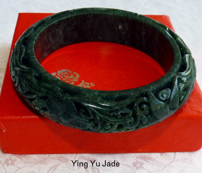 "Yin Peace and Happiness" Dynasty Style Carved Jade Bangle 58mm (DC121)