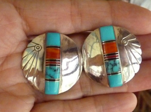 Vintage Southwestern Native American Made Sterling Silver Turquoise Coral Earrings (BOX88)
