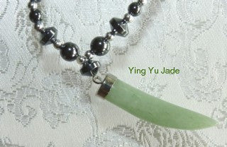 "Tiger Tooth" Chinese Jade Pendant on  Hematite Necklace