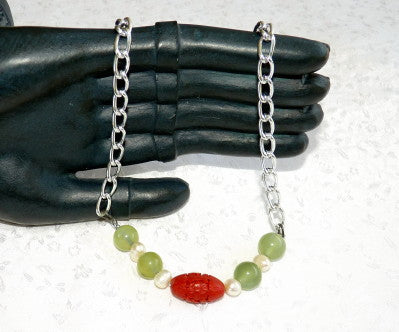 Chinese Jade, Pearls and Carved Red Clay Necklace (NJNECK59)