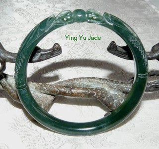 Dynasty Collection-"Two Dragons Play Pearl" Deep Green  Carved Jade Bangle 64mm (DCDDS)