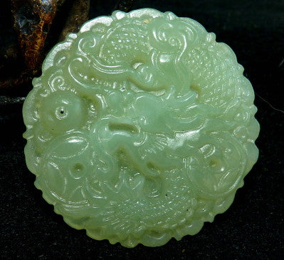 "Two Dragons Protects Pearls" Chinese Jade Pendant (P-627)
